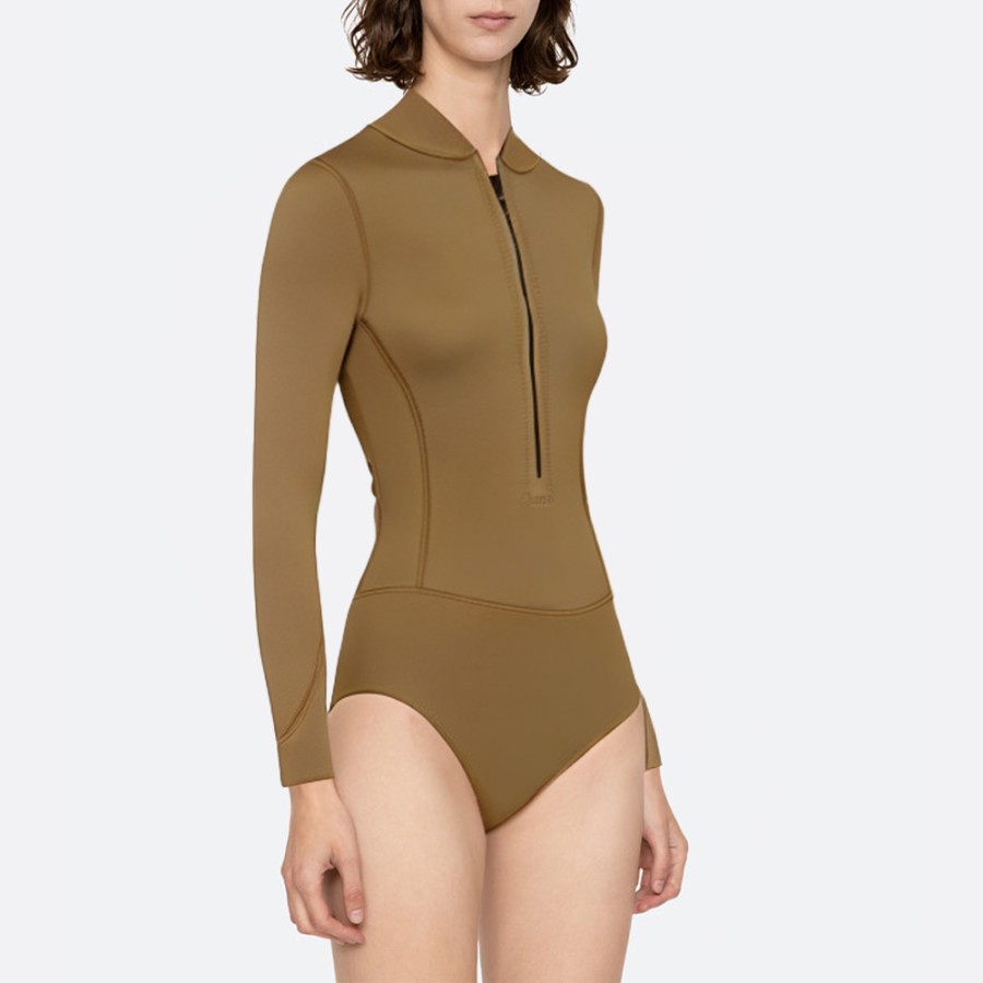 Brown front zipper women's long sleeve wetsuit